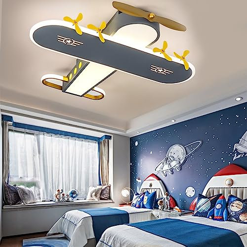 Kreativ Flugzeug Design LED Dimmbar Kind Deckenleuchte Junge Schlafzimmer Deckenlampe, Acryl Schirm Kinderzimmer Deko Leuchte, Eisen Wohnzimmerlampe Arbeitszimmer Lichter Mit Fernbedienung 59W