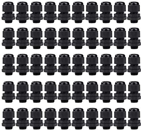 Kabelverschraubung Set Kunststoff-Kabelverschraubungen Verstellbare PG7 Wasserdicht Verschluss Kabel Verschraubung für Ø 3,5mm - 6,5mm Schwarz 50 Stück