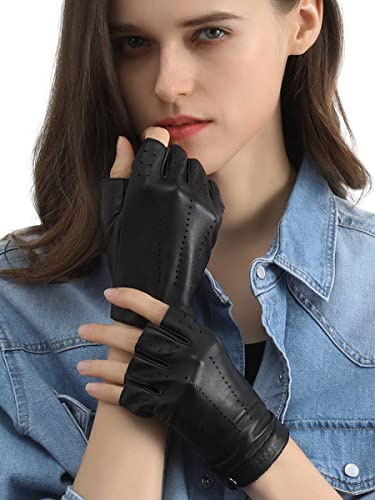 GSG Women's Driving Gloves Fingerless Leather Motorcycle Gloves Unlined Half Finger Black Small