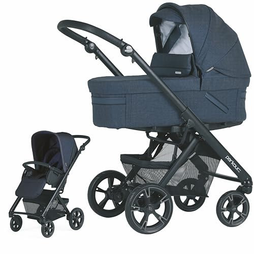 BEBECAR Parkour Cross-Kinderwagen, zweiteilig, reduziertes Gestell, komplette Babywanne mit ausziehbarem Verdeck, Wendestuhl mit ausziehbarem Verdeck, schwarzes Gestell, Marineblau U224