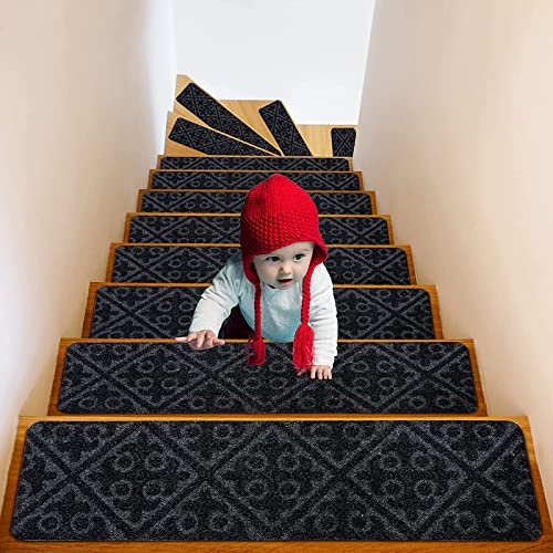 MFXI Paquete de 15 Protector de Suelo,8x30Alfombrillas Antideslizantes para Escaleras,Alfombras de Peldaños ​de Escalera con Puntos Autoadhesivos,para Personas Mayores,Niños,Mascotas