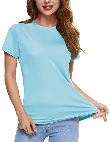 KEFITEVD Yoga Shirt Damen Stretch Leicht Workout T-Shirt Sport Top Golf Jogging Oberteil Atmungsaktiv Quick Dry Seeblau L