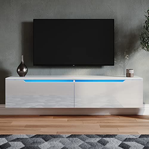 SONNI TV Schrank, Weiß Hochglanz, Griffloses Design, TV Board hängend, mit LED-Beleuchtung, 12 Farben können eingestellt Werden, Fernseherschank, Fernsehtisch, TV-Regal für Wohnzimmer.140x35x30cm.