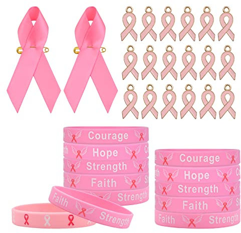 WANDIC Lot de 40 Broches en Ruban de Satin, 40 pendentifs en Ruban Rose et 20 Bracelets de Sensibilisation au Cancer du Sein en Silicone pour Femme