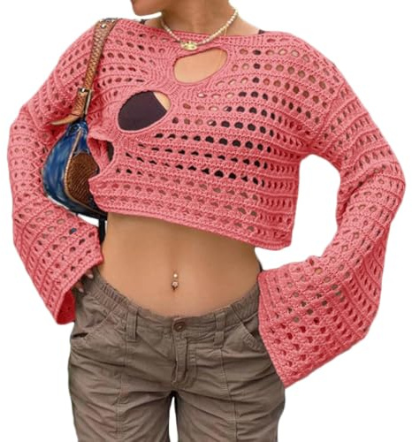 ORANDESIGNE Femme Pull en Tricot Haut Court Tricoté Y2K à Manches Longues Chemise Cache-cœur Évidée à Blocs de Couleurs Top en Tricoté à Encolure Carrée Streetwear