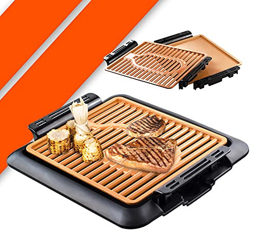 Bonplus BP | Rauchfreier Elektrogrill | Kupfergrill rauchfrei | 2 Tabletts | Einfache Reinigung | Polierte Keramik-Antihaftbeschichtung | 5 Ebenen | Temperatur bis 240º