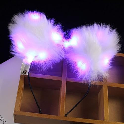 Serre-tête lumineux à LED avec oreilles de chat en fausse fourrure pour Noël, fête, cosplay, Halloween, anniversaire, violet, Medium