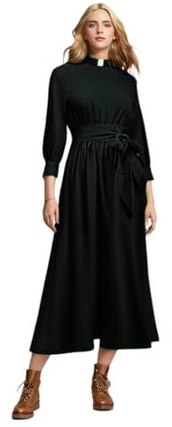 CAMDOM Clergy Dress for Women A Line Elegant Maxi Dress Long Sleeve Modest Church Dresses Priest Costume with Collar and Belt,Black,XXL