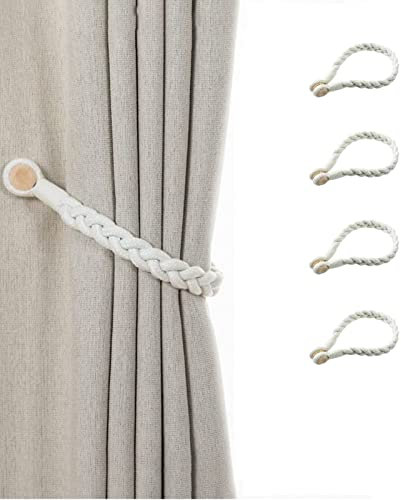TSQZE Magnetische Vorhang Raffhalter, Boho Gardinenhaken Vorhanghalter Baumwolle Geflochten Vorhang Clip, Für Haus Büro Cafe Dekoration 50 cm lang- Beige (2 Pair)