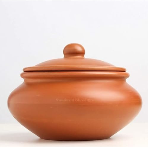 Swadeshi Blessings Handmade Exclusive Range Unglazed Earthen Dahi Handi/Curd Pot/Mitti Handi/Clay Pot with Lid, Also for Serving (with Natural White Firing Shade) (Traditional Red 1.5 litres)