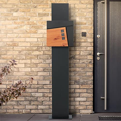 ECD Germany Standbriefkasten mit Zeitungsfach, Briefkasten Standfuß freistehend, Briefkastenständer Anthrazit 170cm aus Edelstahl pulverbeschichtet, Postkasten Anthrazit/Holzoptik 37x36,5 cm aus Stahl