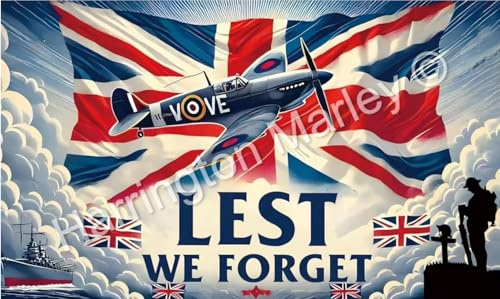 WW2 Flag, Large 3 x 5ft , Lest We Forget British Remembrance Day Banner - Union Jack Spitfire Soldier VE Day & VJ Day WWII Raise England Flags Memorabilia Decorative Seasonal Wall Art