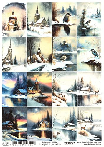 Josys Bastelmärchen Reispapier A4 Strohseide Decoupage Weihnachten See Schnee Winter Kirche RE0721