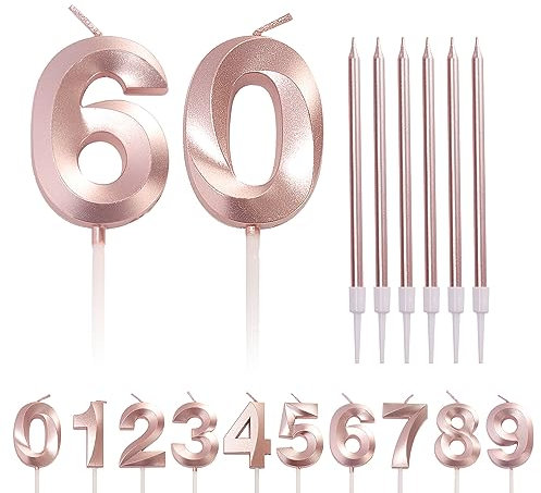 Rose Gold 60th Birthday Candle - Number 60, Age 60 Candles for Cake, Long Candles, Rose Pink