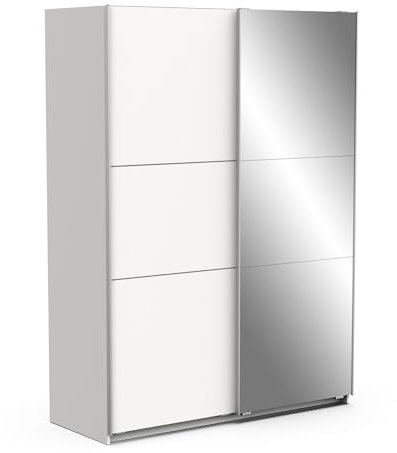 Demeyere Armoire Porte Coulissante avec Miroir & Penderie Moderne – Coloris Blanc Mat & Finitions Métal - 148 x 59,9 x 203 cm