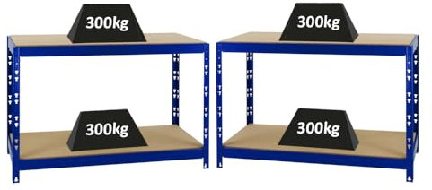 PROREGAL Mega Deal 2X Werkbank Tiger | 300kg pro Fachboden | HxBxT 90x140x60cm | Blau | Höhenverstellbar Werktisch Arbeitstisch Steckmontage Packtisch
