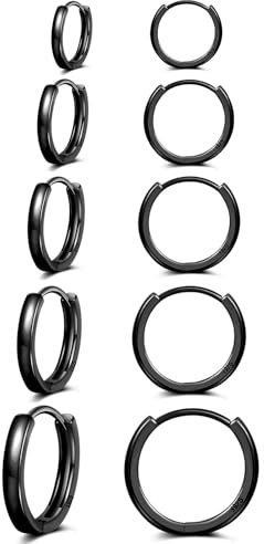 Senteria Kleine Schwarz Creolen, 5 Paar 14 Karat Schwarz Creolen für Damen, Hypoallergene Schwarz Huggie Creolen Knorpel Schläfer Kleine Schwarz Creolen für Damen und Herren 8/10/12/14/16 mm