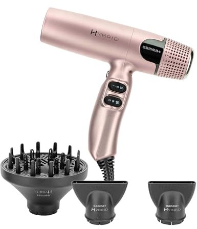GAMMA+ Ionischer Hybrid-Fön, leichter Haartrockner, leise, ergonomisch, digitaler Motor 100.000 U/min, dreifacher Schutzfilter, 2 Düsen, 1 Diffusor (Golden rose)