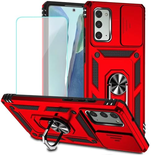 Jhxtech for Galaxy Note 20 5G Case, Samsung Note 20 SM-N981U Case with Tempered Glass Screen Protector and Slide Camera Cover, Magnetic Ring Car Mount Holder Cover for Samsung Galaxy Note20 5G Red