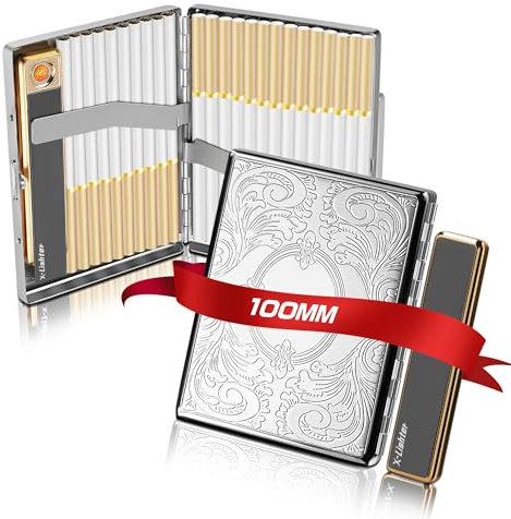 Lafagiet LF016 Vintage Zigarettenetui mit Feuerzeug für 100 's King Size, Retro Flower Metal 100mm Zigarettenetui für Männer Frauen Thanksgiving Christmas Day Geschenk