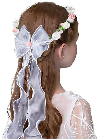 BETESSIN Stirnband Kommunion Mädchen Haarkranz Taufe Haarschmuck mit Schaumrosen Prinzessin Haarreif Hochzeit Blumenmädchen Kopfschmuck Weiß Rosa Haarband mit Blüten Perlen