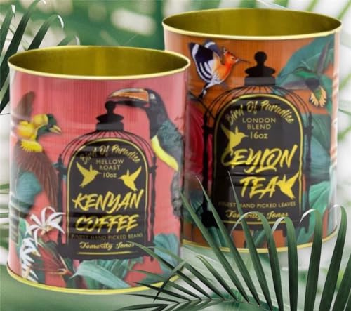 Set of 2 Decorative Replica Tea And Coffee Tin Cans - 2 Piece Birds Of Paradise Retro Metal Storage Tin Set -Tropical Vintage Style Metal Food Display Cans. Ideal for plants, pens, keys, cutlery