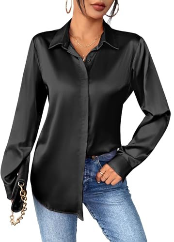Zeagoo Silk Blouses for Women UK Satin Blouse Elegant V Neck Long Sleeve Shirt Button Down Business Blouse Casual Ladies Office Work Tops Black L