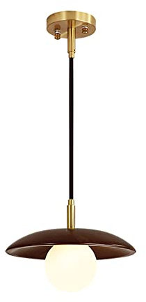 IBOWZ Chandelier Walnut Pendant Light Fixtures Creative All-Copper Flying Saucer Pendant Light with 10.2 Inch Solid Wood Lampshade and White Glass Ball