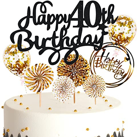 Ouceanwin Kuchendeko 40. Geburtstag Mann Frau, Glitter Tortendeko Geburtstag 40 Männer Kuchen Topper 40 Geburtstag Deko Cake Topper Happy Birthday Schwarz Gold für 40 Jahre Frau Geburtstagstorte Deko