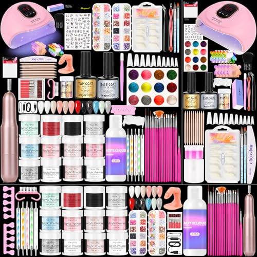 Major Dijit Acryl Nagel Set Komplett-Set mit LED Lampe & Elektro-Feile – 12 Farben Pulver+Monomer, Base-/Topcoat, Tips/Glitzer/Charms | All-inclusive Anfänger-Set mit Zubehör