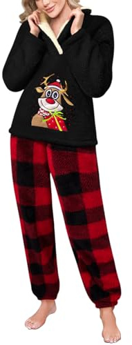 Tuopuda Tuta da Casa Donna Due Pezzi Pigiama Natalizio, Sweat Felpa Invernale Felpata Calda Abbigliamento Lunga Pigiama Set Tute Completo Casual Idee Regalo Natale Mamma Fidanzata, Nero, L