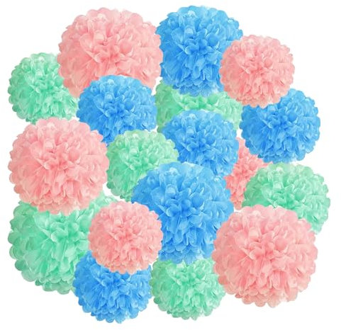 Lot de 18 pompons en papier de soie - Décorations de fête de mariage - Rose clair, vert herbe, bleu ciel - Pour anniversaire, fiançailles, fête prénatale ou prénuptiale, anniversaire de mariage, fête