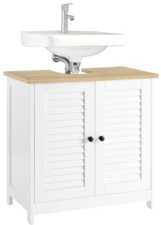 SoBuy Meuble sous Lavabo de Salle de Bain, Meuble sous Vasque avec 2 Portes et 2 Étages, Placard de Rangement pour Salle de Bain, L60 x P35 x H59 cm, Blanc et Bois Naturel, FRG237-WN