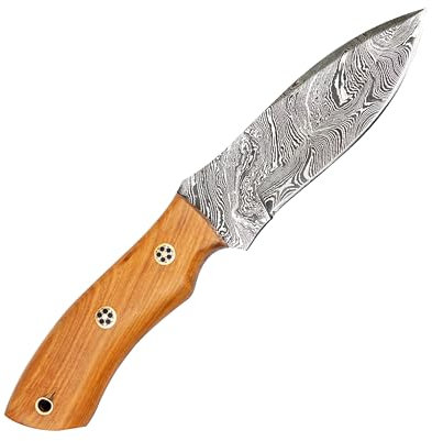 John Moses 25 cm Handgefertigtes Damaskus-Jagdmesser mit Lederscheide - Ideal zum Häuten, Camping, Outdoor - EDC Fixed Blade Messer mit Walnussholzgriff
