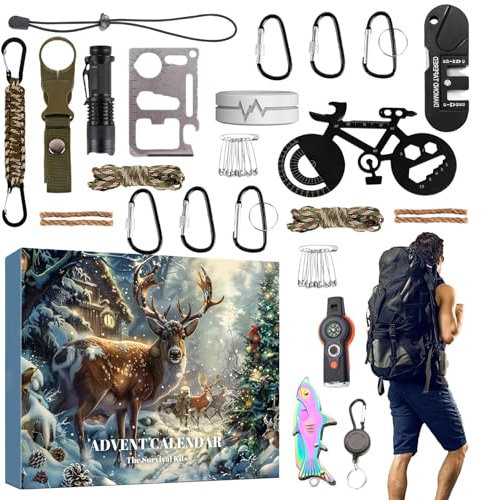 Generisch Survival Kit Adventskalender 2024 Männer, Weihnachts Kalender mit 24 Survival Tool, 24 Tage Weihnachts Countdown Kalender Geschenk für Männer, Ehemann, Vater