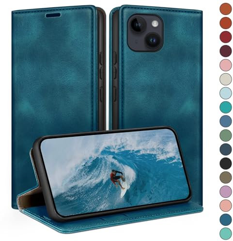 HUOUH for iPhone 15 6.1 Wallet case with RFID Blocking PU Leather,Flip Folio Book covers,Credit Card Holder Shockproof Phone case Women Men for Apple 15 case Teal