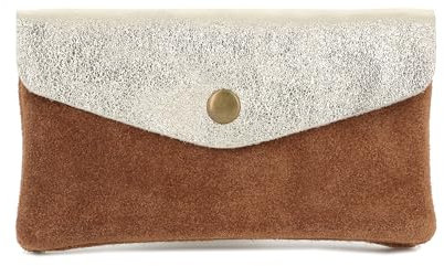 Double Tree - Porte-Monnaie Cartes Cuir Véritable Suède Irisé Femme - Portefeuille Pochette Rangement À Rabat - Format Mi-Long Taill M - Léger Pratique - Camel