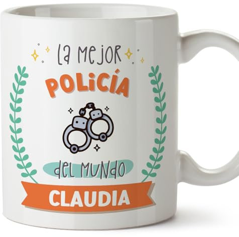 MUGFFINS Tazas Personalizadas para POLICÍA mujer - En Español - Mejor del mundo - Con dibujo - 11 oz / 330 ml - Regalo Personalizable original y divertido