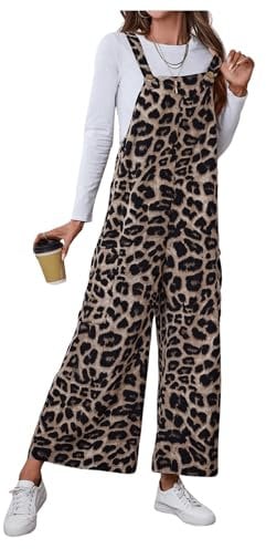 GORGLITTER Women's Leopard Print Dungarees Tie Backless Sleeveless Jumpsuit Wide Leg Loose Pants Romper Khaki Large