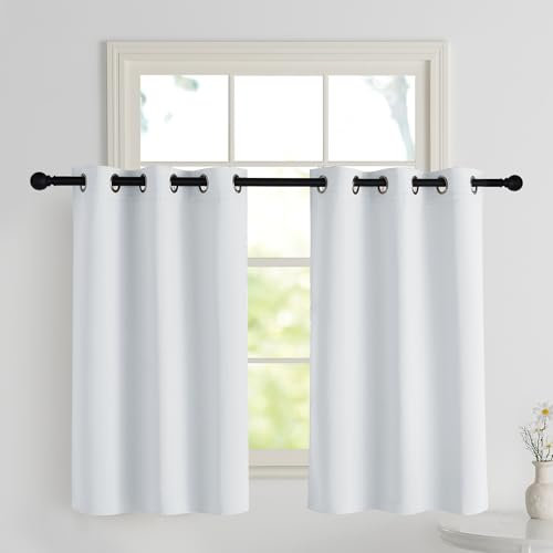 PONY DANCE Bistrogardine Küche Kurze Gardinen mit Ösen H 90 x B 106 cm Verdunklungsvorhänge Scheibengardinen Blickdicht Vorhänge für Badezimmer Fenster, Grau-weiß