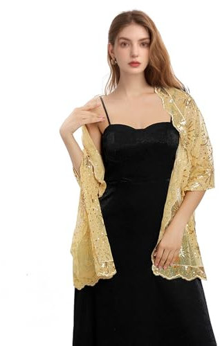 Xvbhaq Cape Damen, Pailletten, Spitze, Pashminas, Schwarz, Stickerei, Stola für Reise, Festlich, Abendkleid, Braut Hochzeit (Golden)