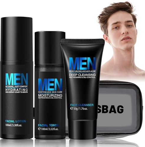 Skincare Hombre, Skincare Kit, Cremas Faciales Hombre + Neceser Transparente + Tonico Facial + Limpiador Cara, Control De Grasa e Hidratación, Nutre La Piel, Regalo Del Día Del Padre, 4 Piezas