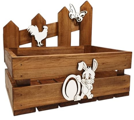 GoodFreshDecor Holzkiste Ostern Kiste Korb Osterkorb Deko Holz Osterhase Schmetterling Hahn Zaun Kiefernholz 30x20x12 cm Braun