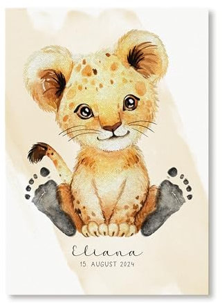 hoermirmalzu mh® | Baby Fußabdruck Bild personalisiert – Tierposter „Löwe“ mit Name und Geburtsdaten | Poster inklusive Stempelkissen