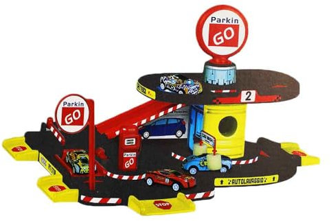 Kinder Spielzeug-Garage – 2 Etagen – Mit Auto, Schranke & Waschanlage – Inkl. Verkehrsschilder – ca. 47 x 24 x 35,5 cm