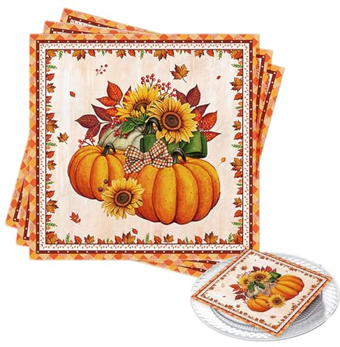 20Stück Servietten Herbst Deko,33 x 33cm Tischdeko Herbst Servietten Herbstmotiv mit Kürbis und Sonnenblume Herbstservietten Thanksgiving Einweg Papierservietten für Herbst-Tischdeko
