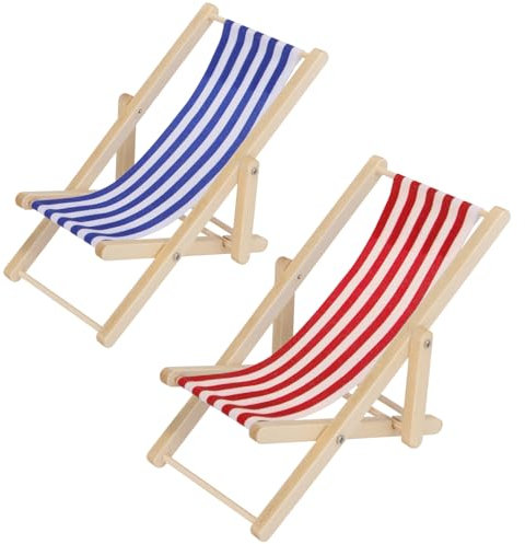2 Stück Miniatur Strand Stuhl, Puppenhaus Strandstuhl, Mini Liegestuhl Deko, 1:12 Miniatur Liegestuhl, für Strand Puppe Garten Mikrolandschaft DIY Deko