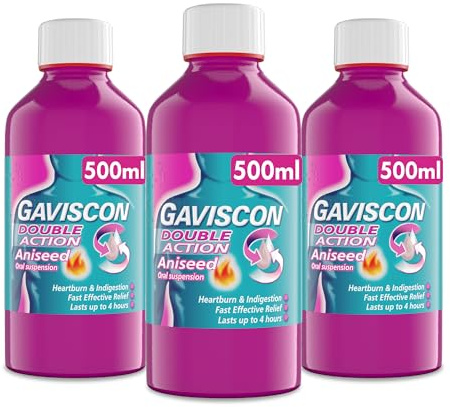 Gaviscon Double Action Aniseed Liquid 500ml, Pack of 3 x 500ml - Heartburn, Indigestion, Stomach Pain, Acid Reflux Relief, Digestive Health, Long-Lasting Antacid, Pregnancy Safe