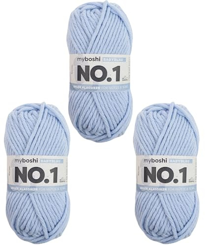 myboshi No.1 Wolle zum Häkeln und Stricken, Schnellstrickgarn, langlebige Mützenwolle, Strickwolle, Häkelwolle, mulesing-frei, 50g, Ll 55m Blau (Babyblau) 3 Knäuel