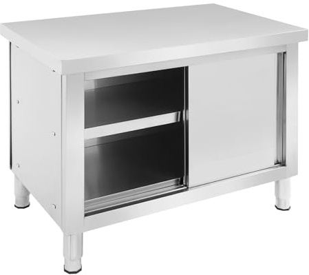 Arbeitsschrank mit Schiebetüren, Edelstahl Küchen Arbeitstisch Schrank, 300kg Tragkraft, Edelstahlschrank mit höhenverstellbare Füße, Gastro Schrank für Küchen, Garagen, Restaurants (100x60 cm)